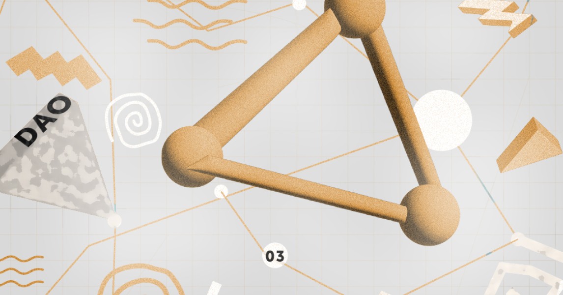 Shows a triangle that illustrates the decentralized approach of decentralized autonomous organizations - an illustration of web 3 and blockchain studio blokk